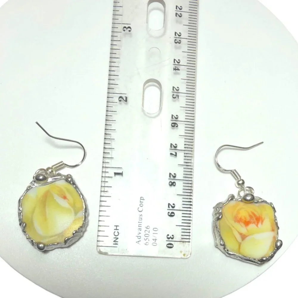 Yellow Rose Bavaria Broken China Earrings - Sterling Silver 925 Artisan Crafted - Picture 5 of 11